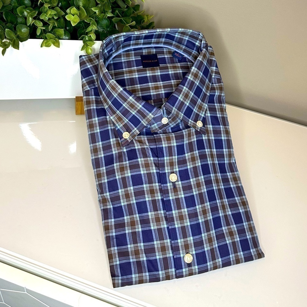 𝅺nwot Mercer Blue Men’s Plaid Long Sleeve Dress Shirt Size L